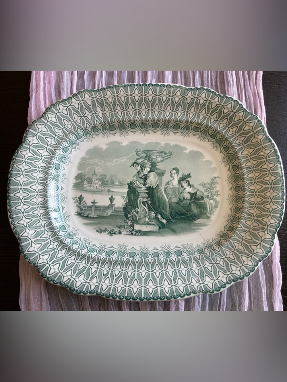 Large Antique 19th Century Staffordshire Green “Ridgway Beauties” Transferware